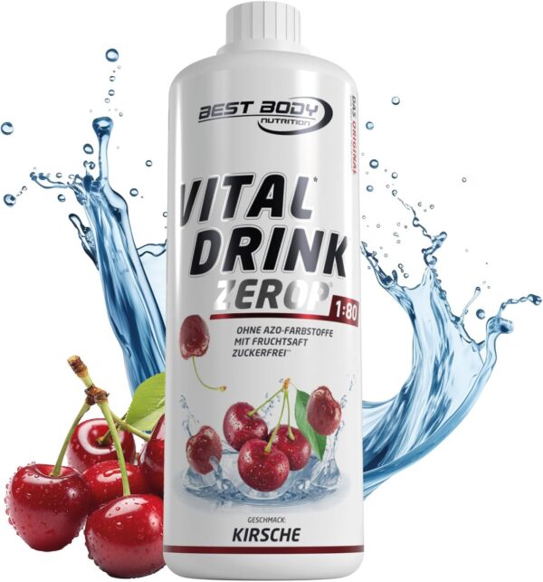 Best Body Nutrition Vital Drink ZEROP® – Cherry Syrup Sugar-Free – 1 L – 1:80 Makes 80 Litres of Ready Drink – Drink Concentrate with Fruit Juice – Taste for Water with Vitamins