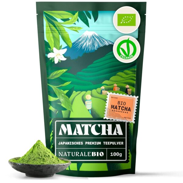 NaturaleBio Matcha Tea Powder Organic - Premium Quality - 100 g. Original Green Tea from Japan. Japanese Ideal for Drinking. Green Tea for Latte, Smoothies Drink. Made in Uji, Kyoto.