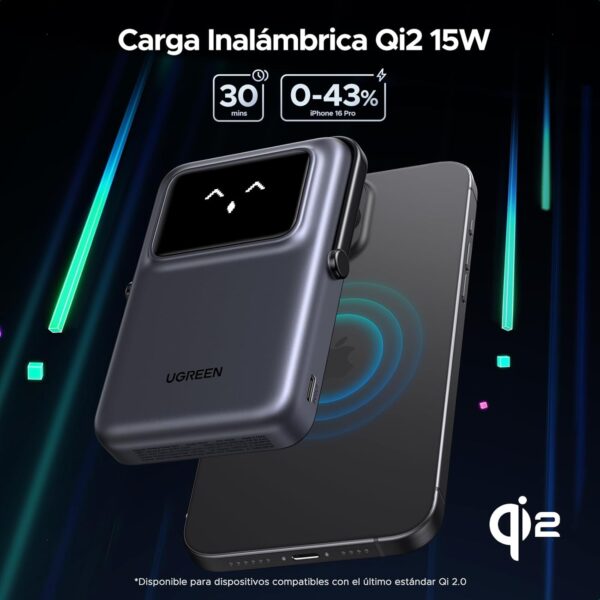 UGREEN Uno Qi2 15W Magnetic Power Bank 10000mAh, PD 20W Wireless Portable Charger with Display and Stand, Compatible with iPhone 16/15/14/13/12 Mini Plus Pro MAX (Black) - Image 2